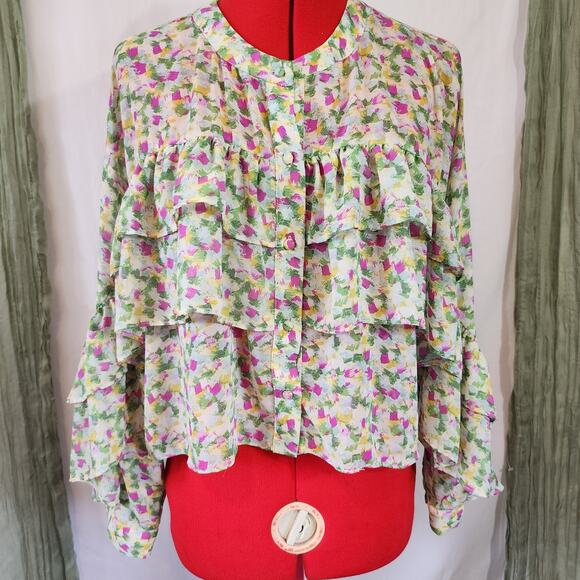 Green and Pink Ruffle Long Sleeve Button Up Oversize Woman's Blouse Size XL - Picture 1 of 6